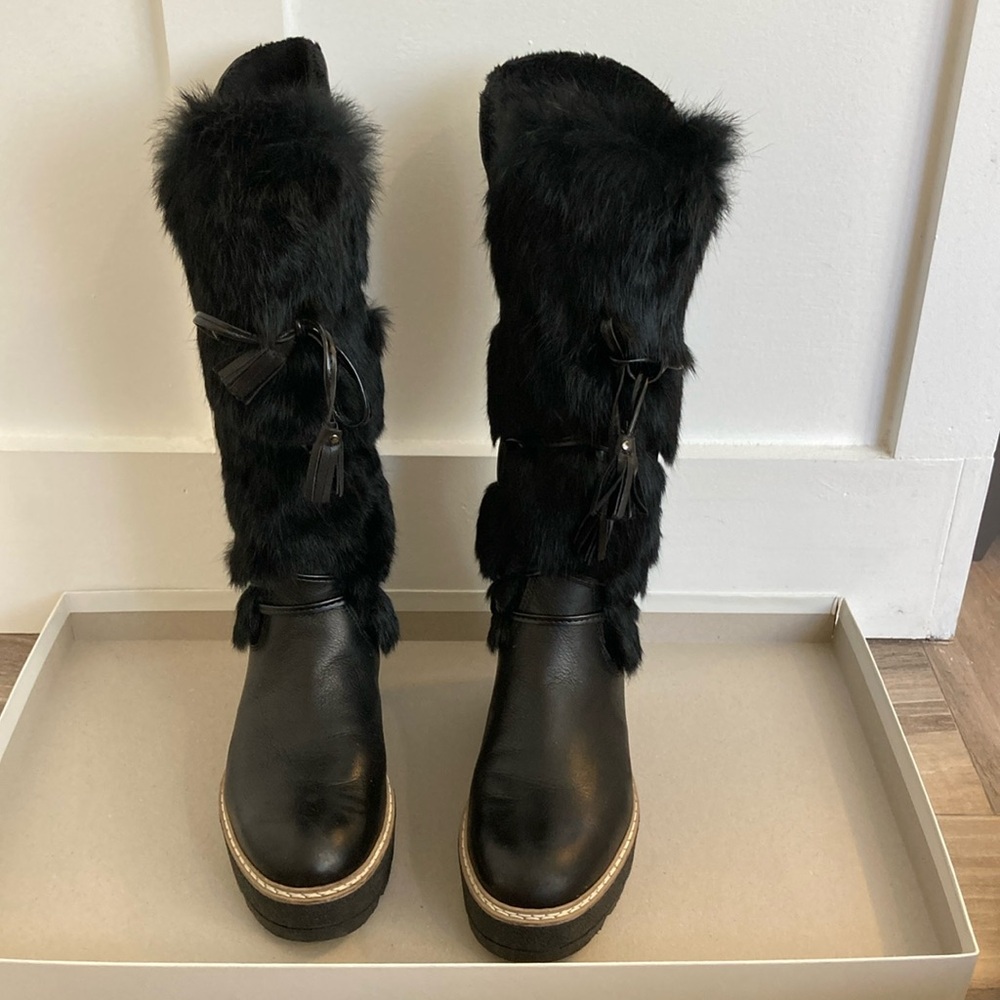Ladies beautiful new Black leather & fur wedge Italian boots 275 Central size 37